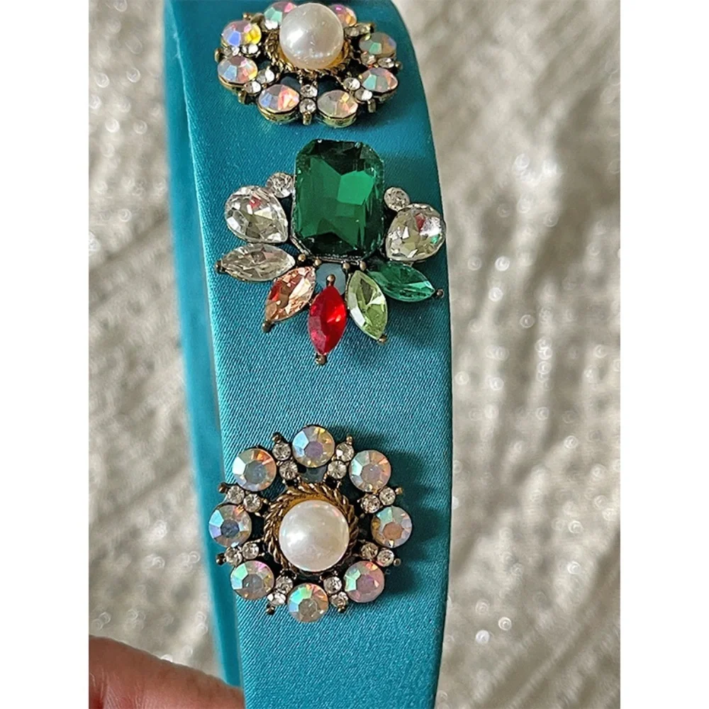 Emerald Crystal Pearl Satin Headband Blue Baroque Bridal Statement Hairband OS